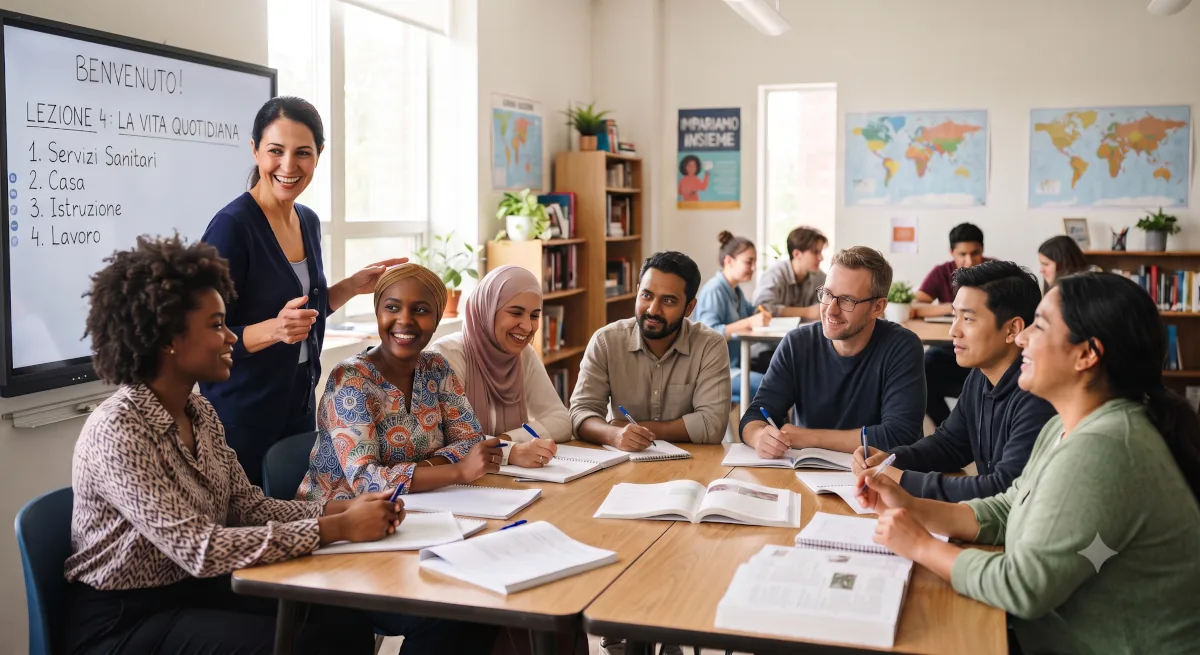 Persone di origini diverse seguono insieme una lezione di italiano in aula